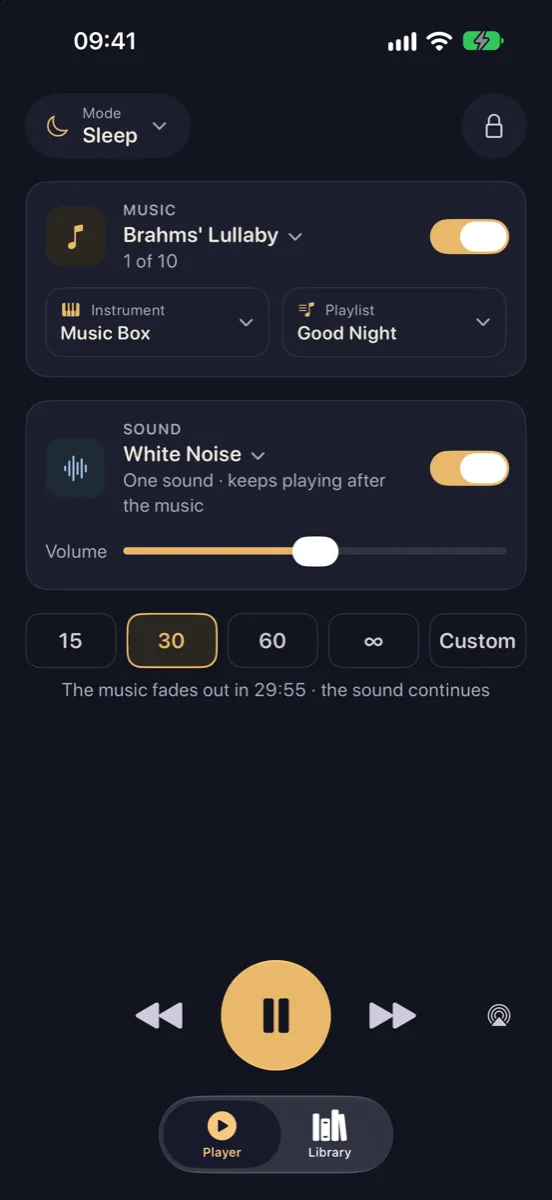 Nynne on iPhone — the player at night in Sleep mode: Brahms' Lullaby on music box with white noise underneath and a 30-minute timer