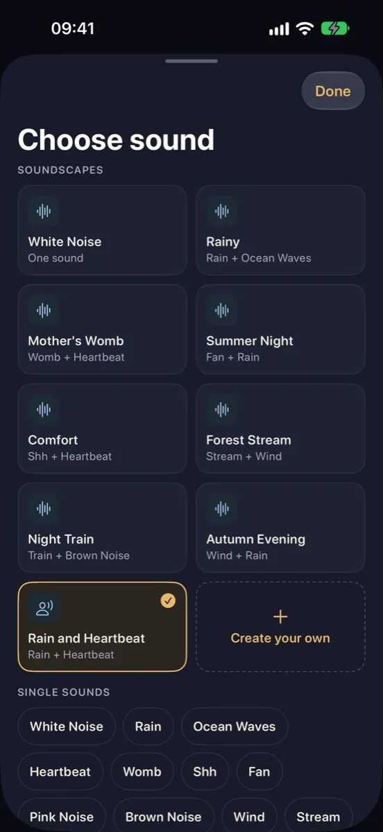 Nynne on iPhone — choosing a sound: soundscapes such as Rainy, Mother's Womb and Night Train, and single sounds like white noise, rain and ocean waves