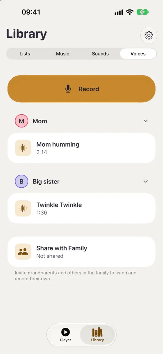 Nynne on iPhone — familiar voices: recordings from Mom and Big sister, the Record button and the Share with Family card