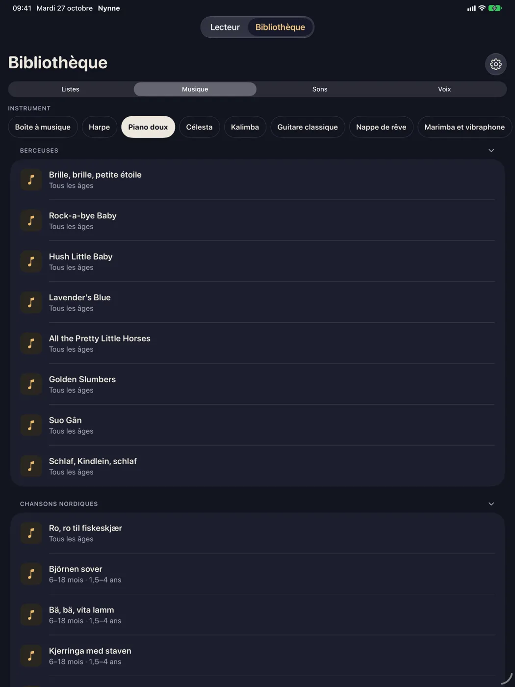 Nynne sur iPad — la musique dans la bibliothèque, avec les instruments, des berceuses et des chansons nordiques