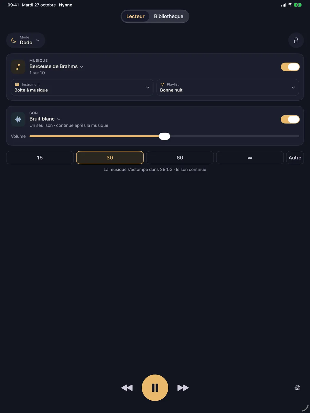 Nynne sur iPad — le lecteur la nuit, avec la musique et le son en même temps