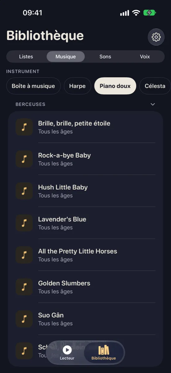 Nynne sur iPhone — la musique dans la bibliothèque, avec des chansons nordiques et des instruments comme Boîte à musique, Harpe, Piano doux et Célesta