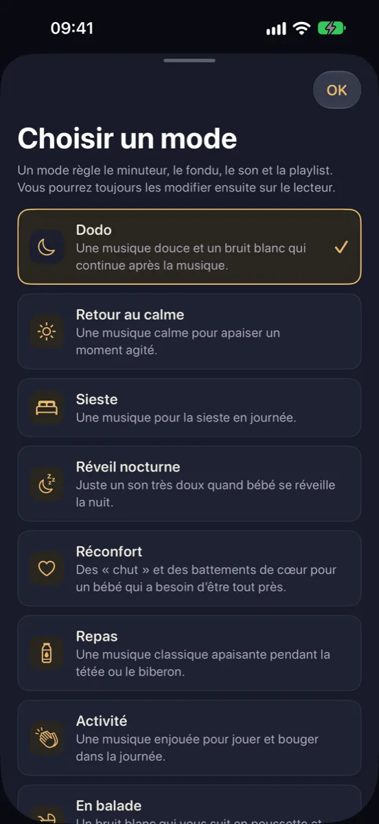 Nynne sur iPhone — choisir un mode : Dodo, Retour au calme, Sieste, Réveil nocturne, Réconfort, Repas, Activité et En balade