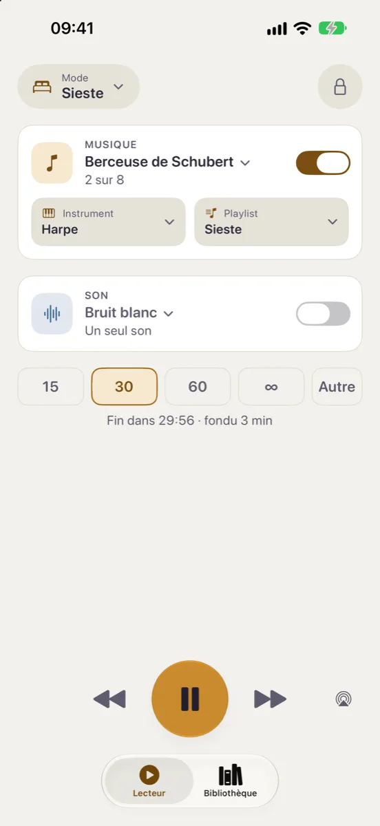 Nynne sur iPhone — le thème jour en mode Sieste : la Berceuse de Schubert à la harpe, avec le son coupé