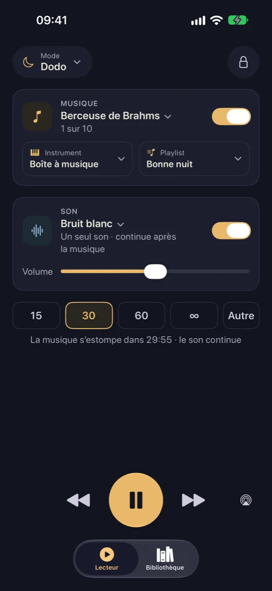 Nynne sur iPhone — le lecteur la nuit en mode Dodo : la Berceuse de Brahms en boîte à musique, sur fond de bruit blanc, avec un minuteur de 30 minutes