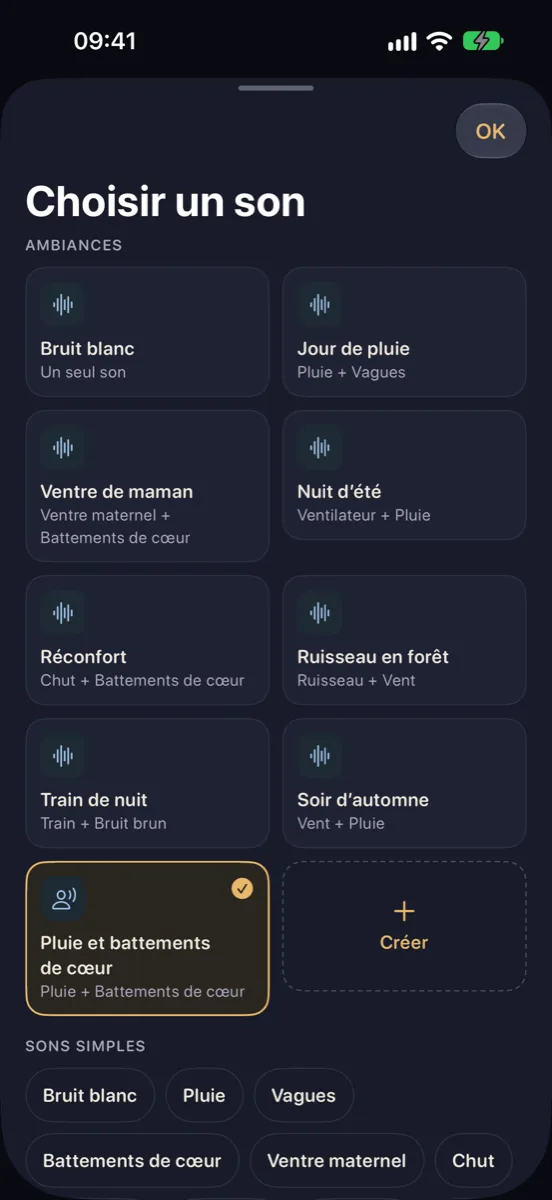 Nynne sur iPhone — choisir un son : des ambiances comme Jour de pluie, Ventre de maman et Train de nuit, et des sons simples comme le bruit blanc, la pluie et les vagues