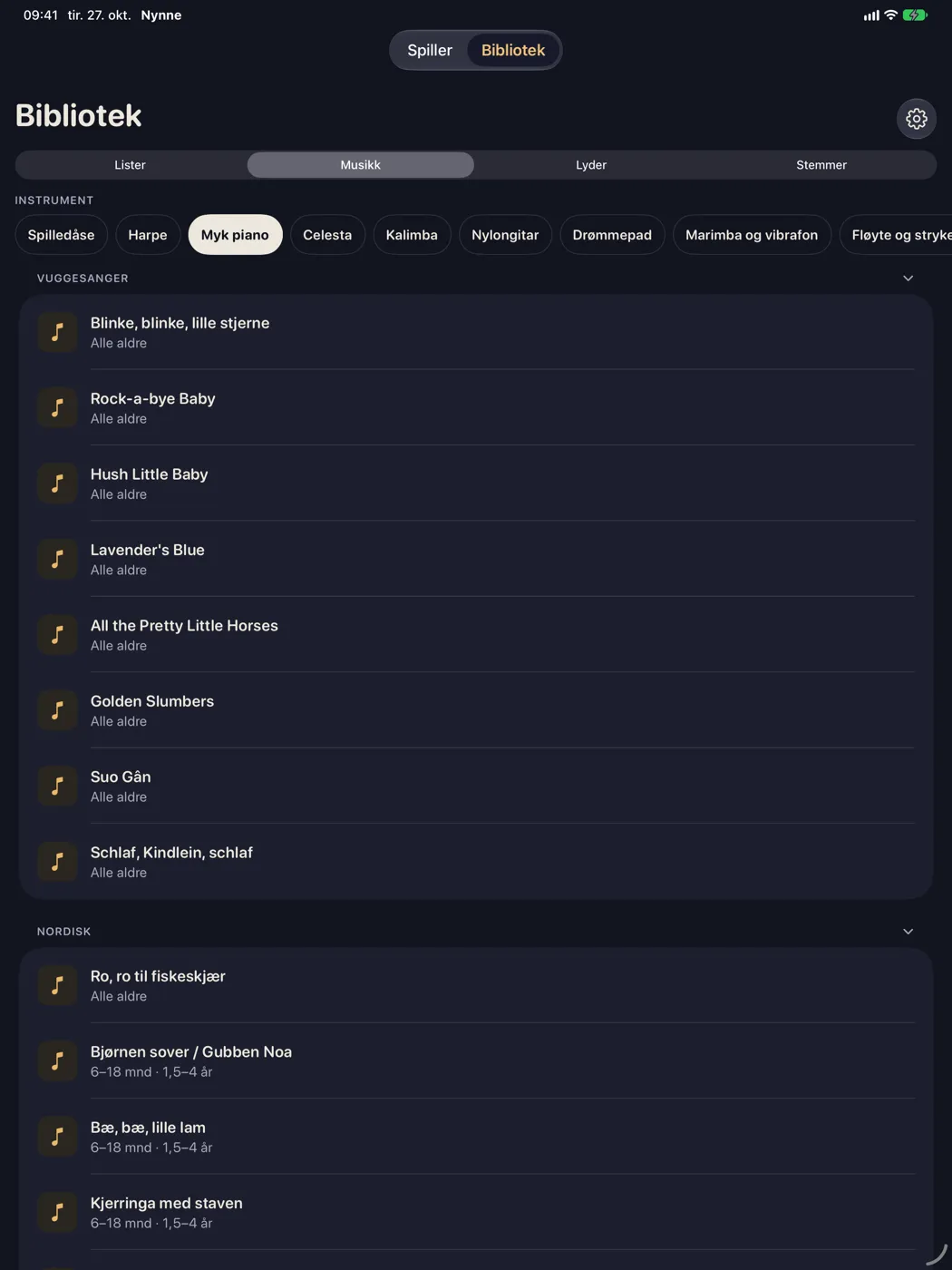 Nynne på iPad — musikkbiblioteket med alle de ti instrumentene og nordiske melodier
