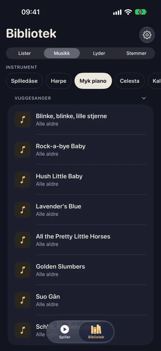 Nynne på iPhone — musikkbiblioteket med nordiske melodier og instrumentknapper som Spilledåse, Harpe og Myk piano
