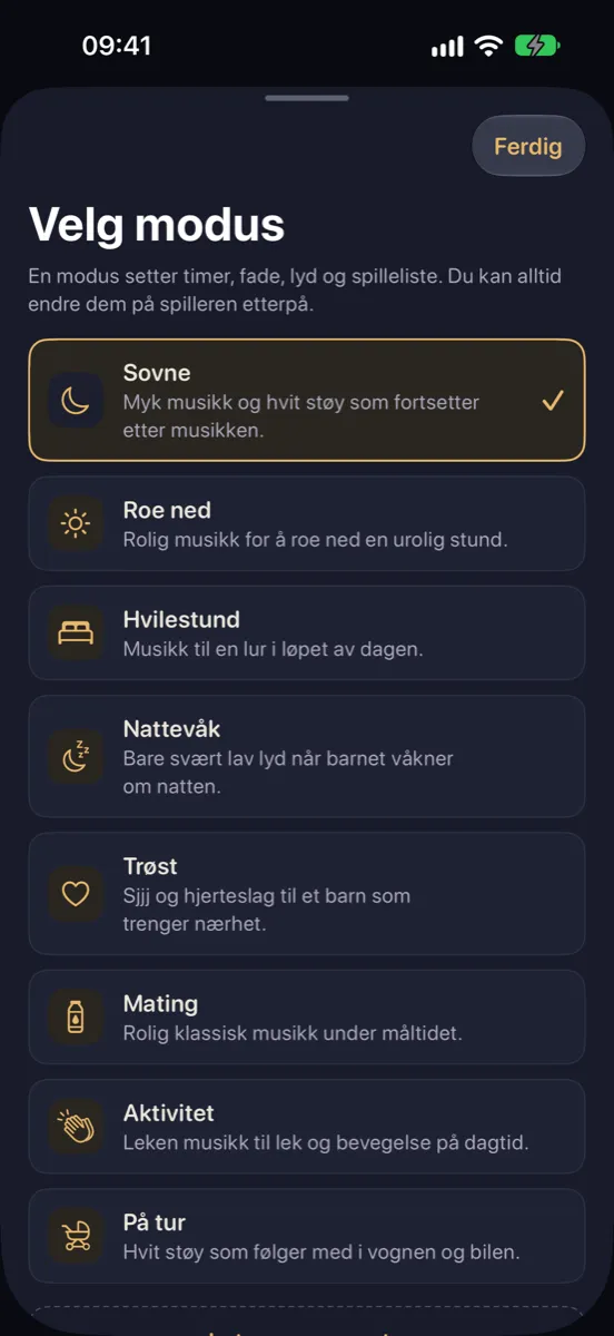 Nynne på iPhone — velg modus: Sovne, Roe ned, Hvilestund, Nattevåk, Trøst, Mating, Aktivitet og På tur
