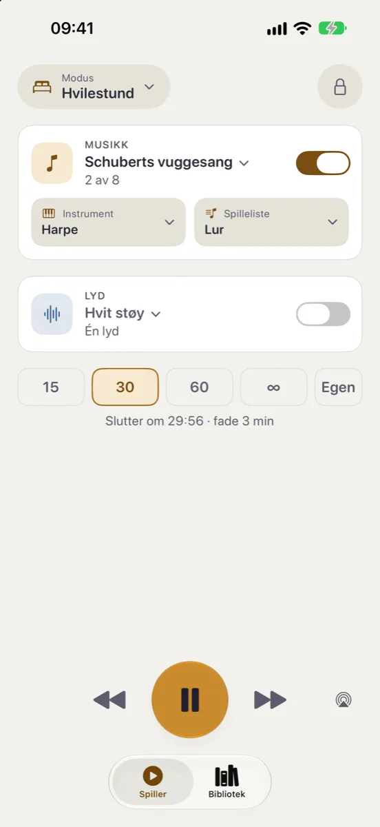 Nynne på iPhone — dagtemaet i modusen Hvilestund: en vuggesang på harpe med lyden slått av