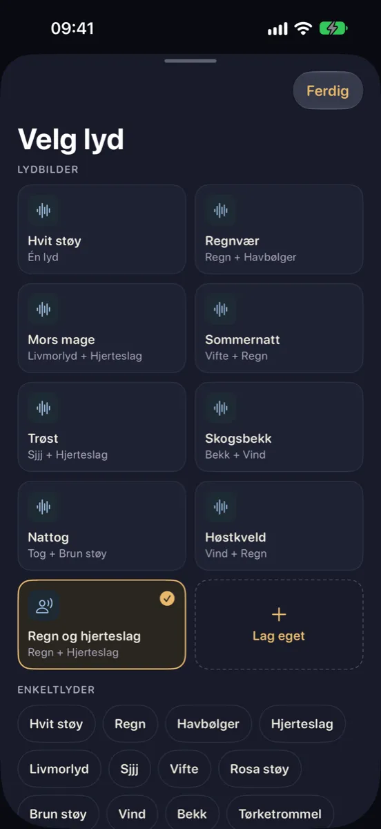Nynne på iPhone — velg lyd: lydbilder som kombinerer to lyder, og enkeltlyder som hvit støy, regn og havbølger