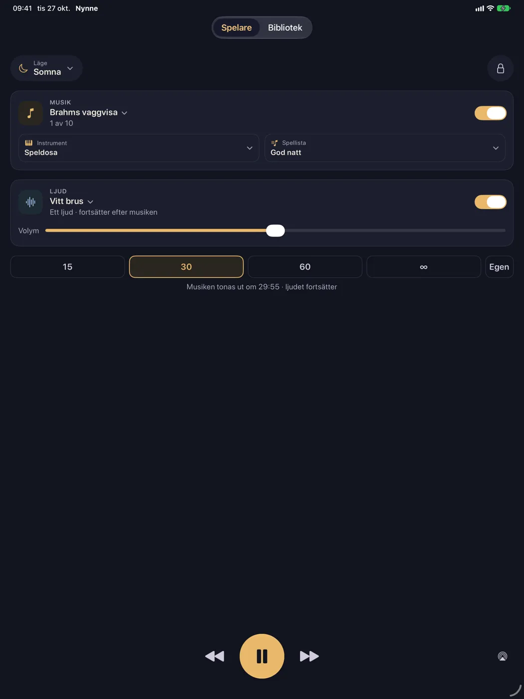 Nynne på iPad — spelaren på natten med musik och ljud som spelar samtidigt