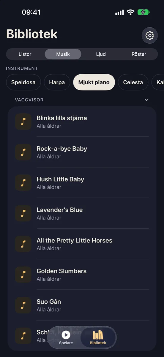 Nynne på iPhone — musikbiblioteket med nordiska visor och instrumentknappar som Speldosa, Harpa, Mjukt piano och Celesta