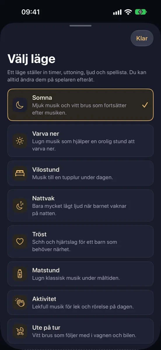 Nynne på iPhone — välj läge: Somna, Varva ner, Vilostund, Nattvak, Tröst, Matstund, Aktivitet och Ute på tur