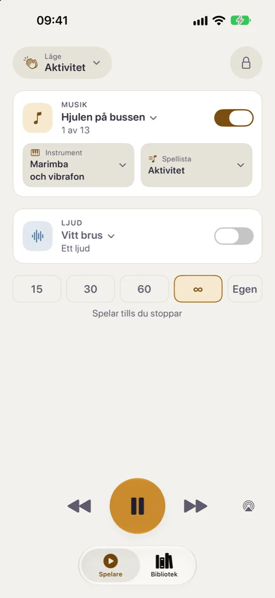 Nynne på iPhone — dagtemat i läget Aktivitet: Hjulen på bussen på marimba och vibrafon, spellistan Aktivitet och en timer som spelar tills du stoppar
