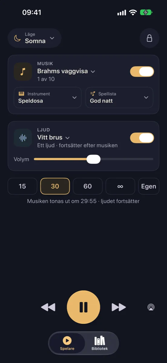Nynne på iPhone — spelaren på natten i läget Somna: Brahms vaggvisa på speldosa med vitt brus under och timer på 30 minuter