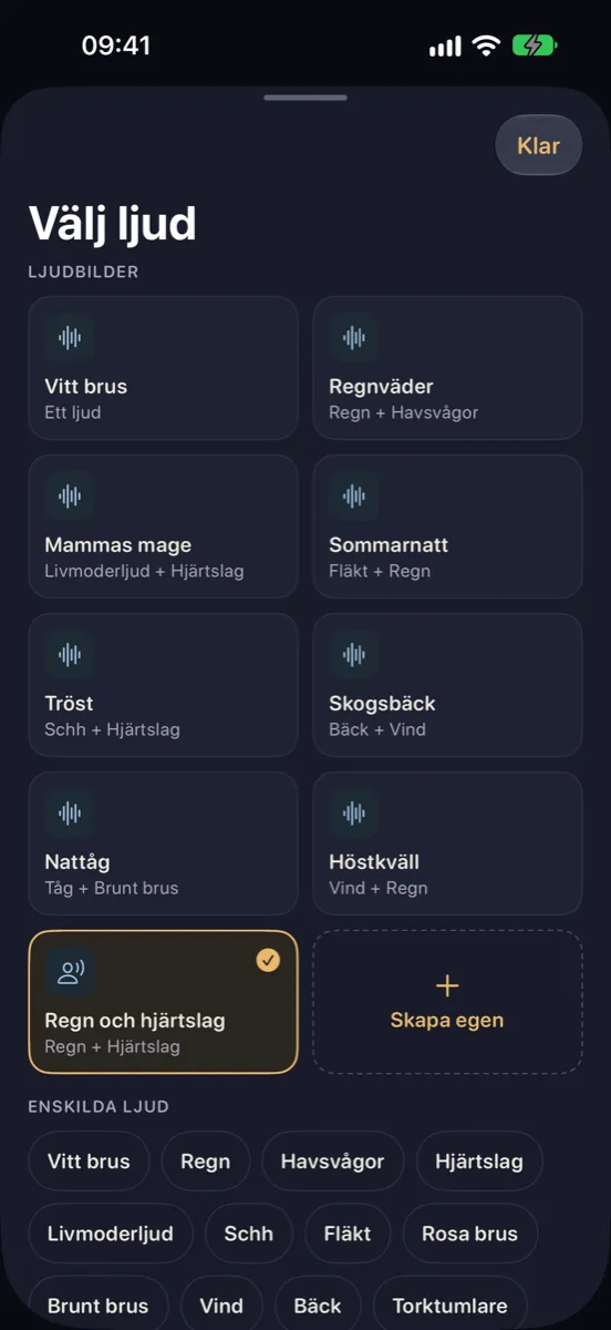 Nynne på iPhone — välj ljud: ljudbilder som Regnväder, Mammas mage och Nattåg, och enskilda ljud som vitt brus, regn och havsvågor