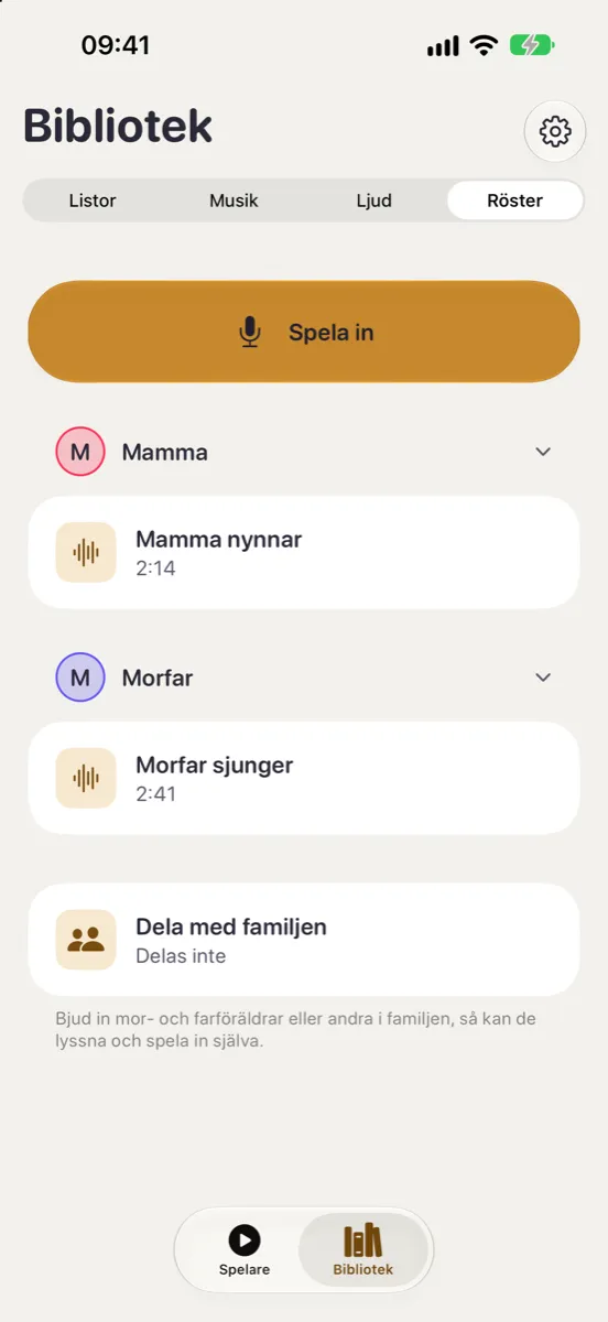 Nynne på iPhone — kända röster: inspelningar från Mamma och Morfar, knappen Spela in och kortet Dela med familjen