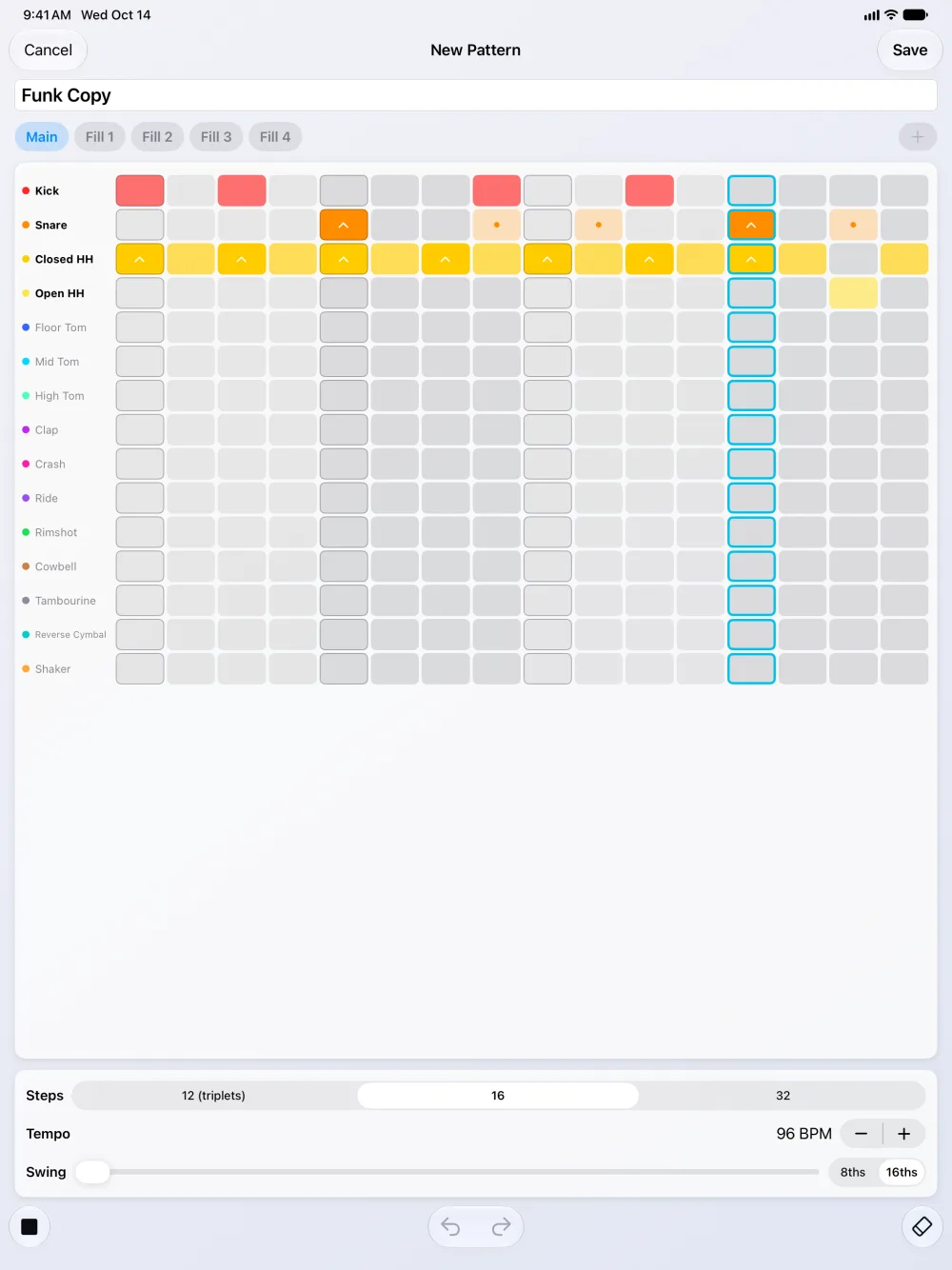 PocketDrums Pro on iPad - step editor for building your own drum patterns