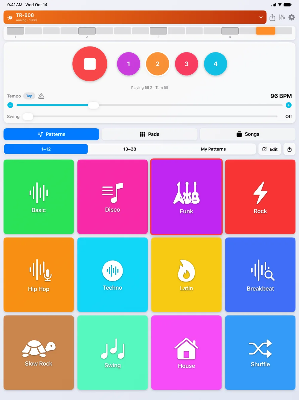 PocketDrums Pro on iPad - large pattern tiles for Funk, Rock, Hip Hop, Techno, Latin and more