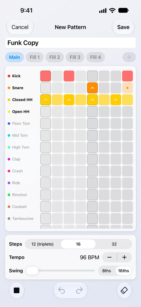 PocketDrums Pro on iPhone - step editor with accents, four fills, 12, 16 or 32 steps, tempo and swing