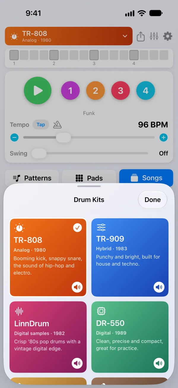 PocketDrums Pro on iPhone - drum kit browser with TR-808, TR-909, LinnDrum and DR-550 and a preview button on each kit