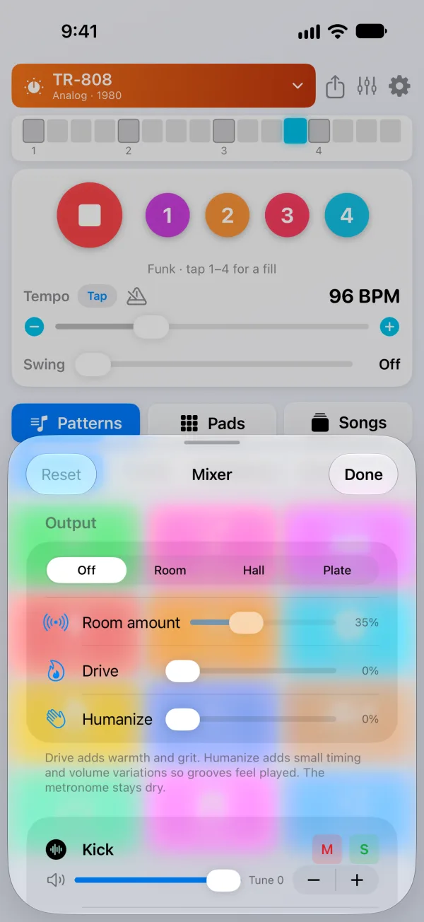 PocketDrums Pro on iPhone - mixer with room, hall and plate reverb, drive, humanize, and per-sound mute, solo and tuning