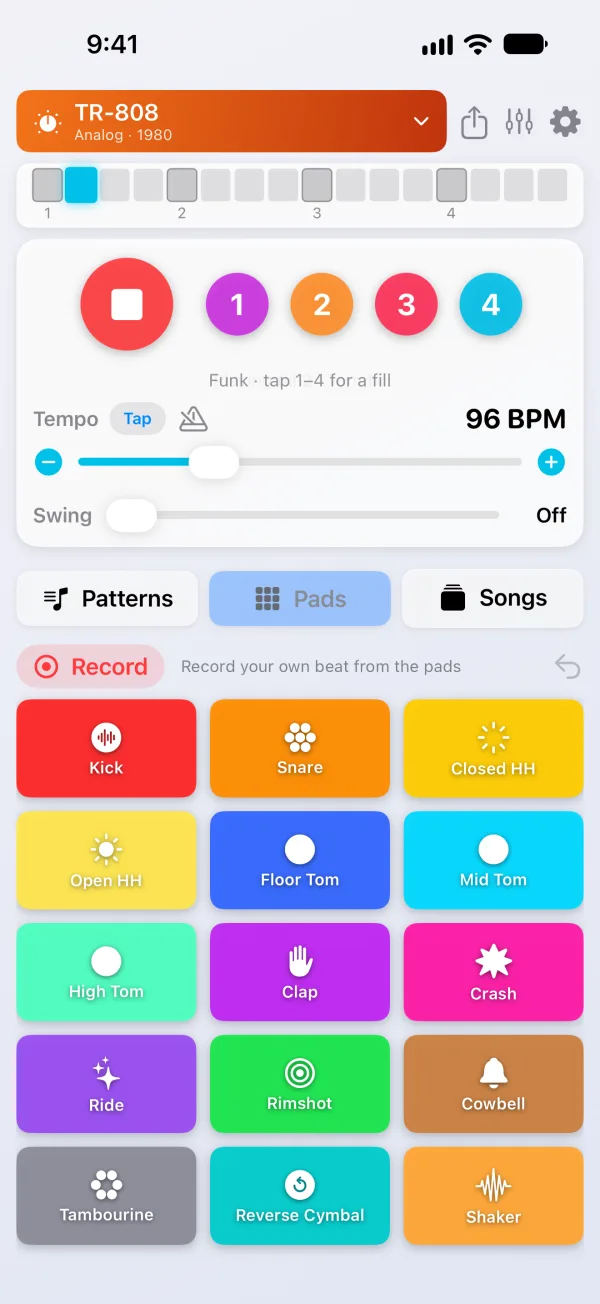 PocketDrums Pro on iPhone - 15 colourful drum pads with a Record button for recording your own beat