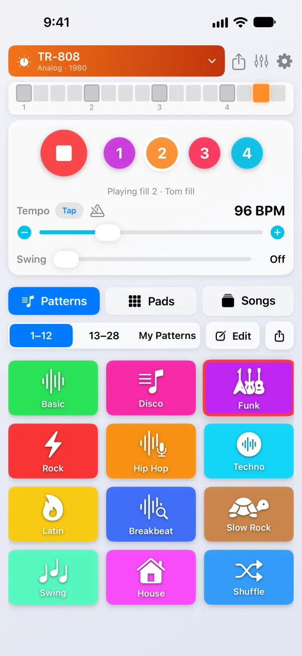 PocketDrums Pro on iPhone - TR-808 kit playing a fill, with four fill buttons, tempo and swing controls, and the pattern grid