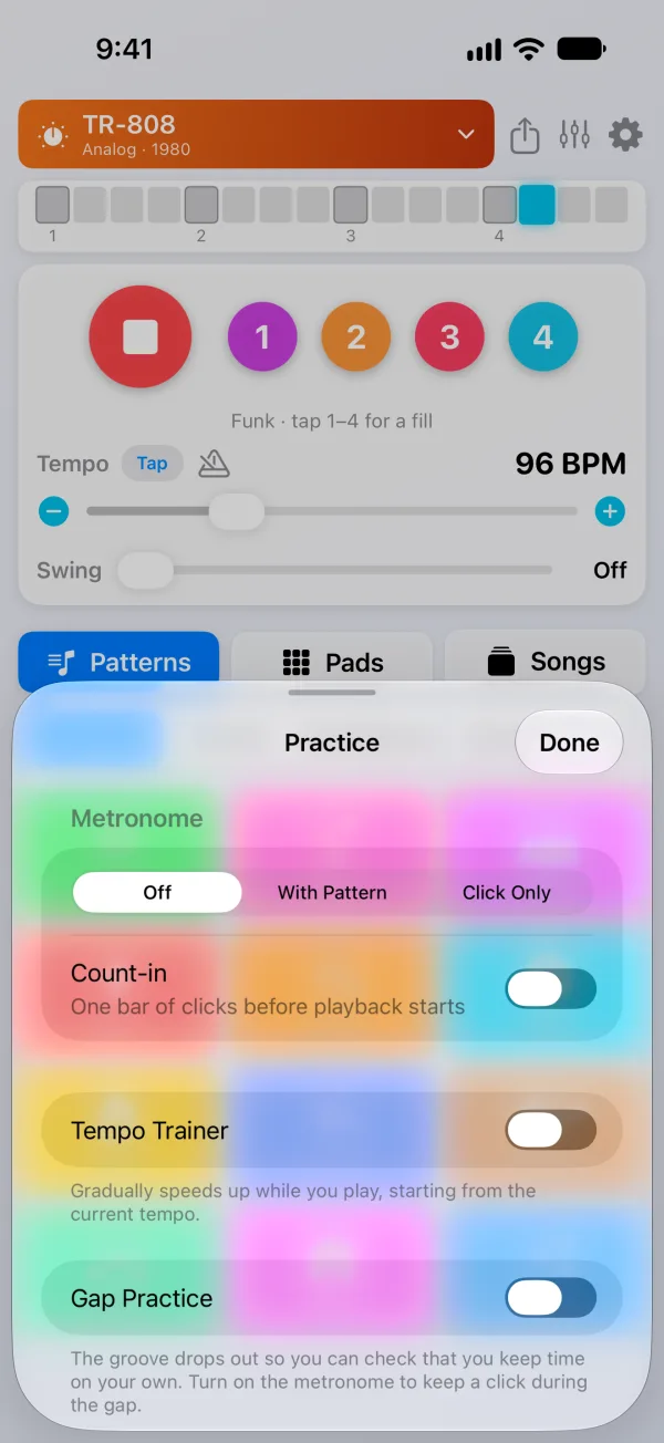 PocketDrums Pro on iPhone - practice settings with metronome, count-in, tempo trainer and gap practice