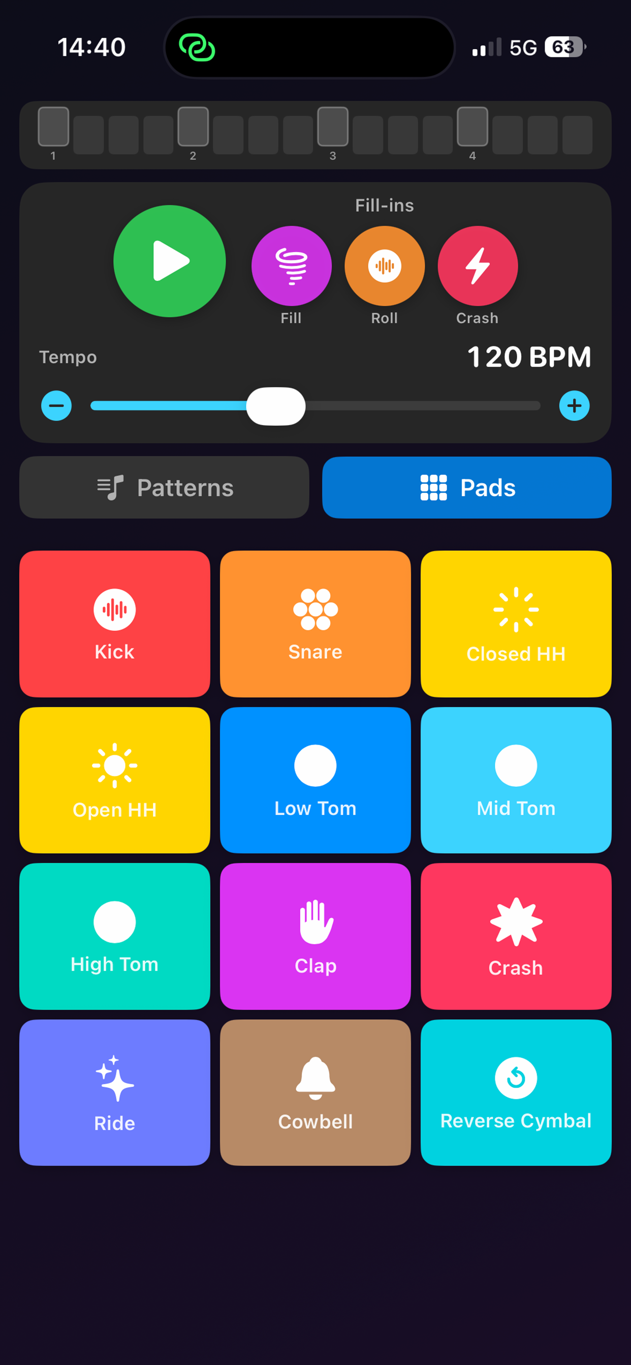 PocketDrums Pro on iPhone - drum machine interface