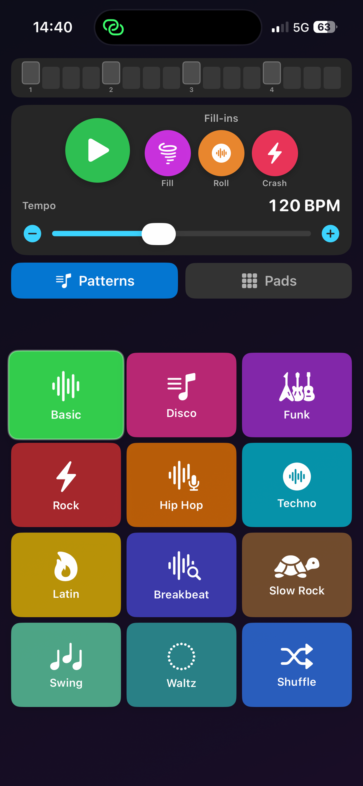 PocketDrums Pro on iPhone - pattern sequencer