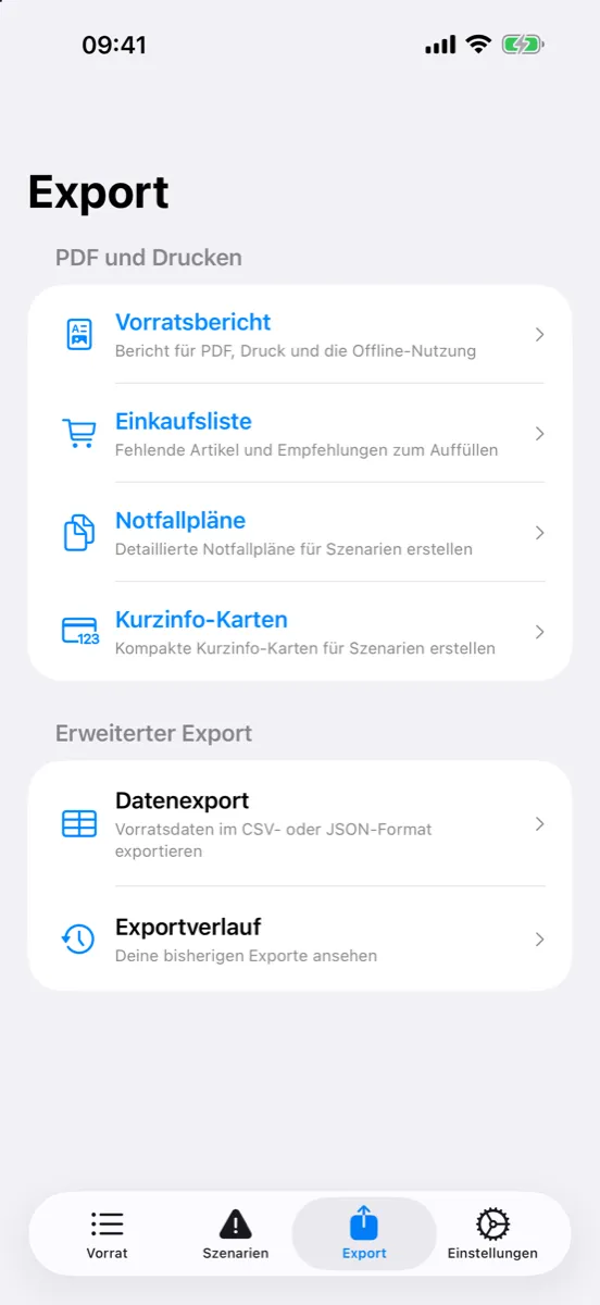 Prepper Pro auf dem iPhone – Export: Vorratsbericht, Einkaufsliste, Notfallpläne, Kurzinfo-Karten, Datenexport und Exportverlauf