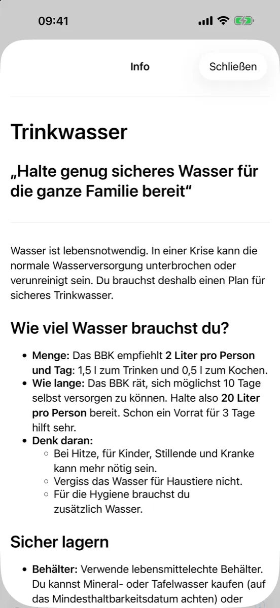 Prepper Pro auf dem iPhone – der „Mehr erfahren“-Artikel Trinkwasser mit den Empfehlungen des BBK
