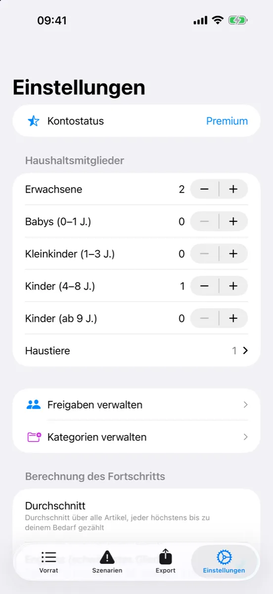 Prepper Pro auf dem iPhone – Einstellungen mit Haushaltsmitgliedern, Haustieren, Freigaben und Kategorien