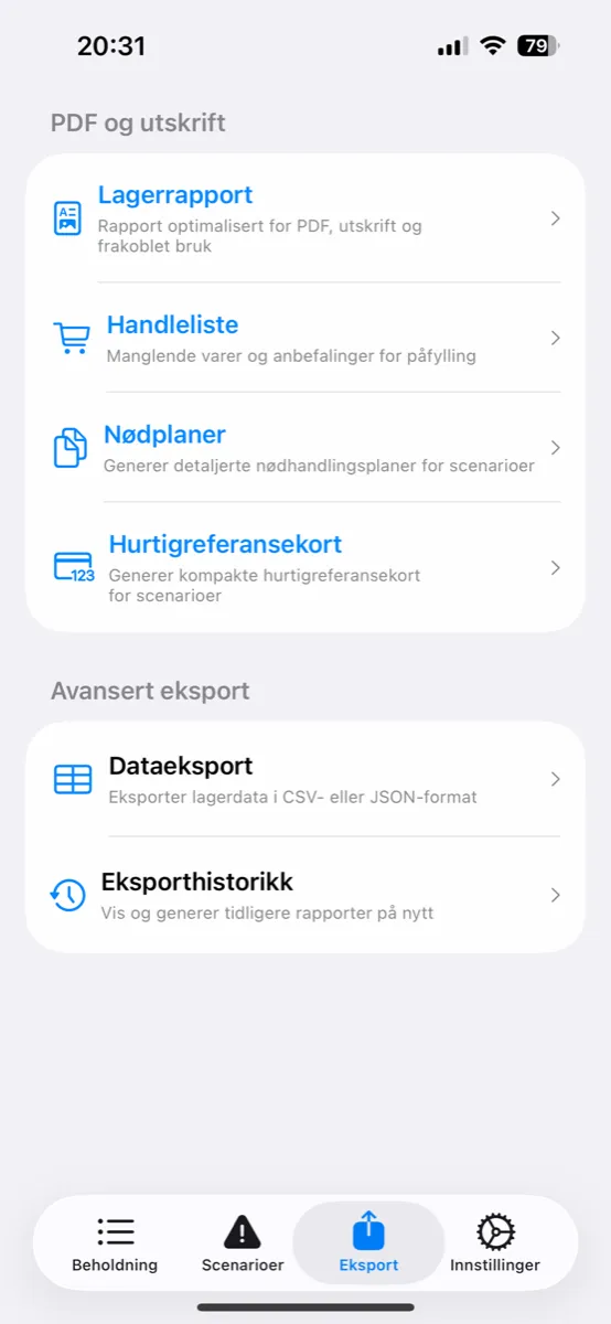 Prepper Pro på iPhone – Eksport: lagerrapport, handleliste, nødplaner, dataeksport og eksporthistorikk