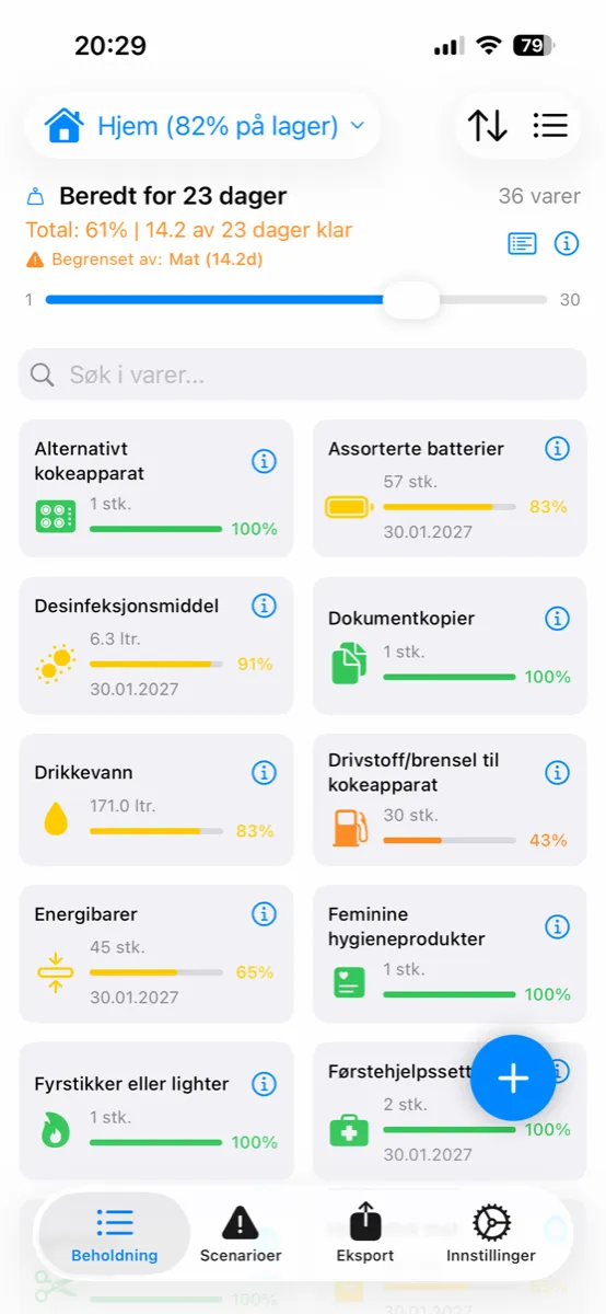 Prepper Pro på iPhone – beholdningen hjemme, beredt for 23 dager, begrenset av mat
