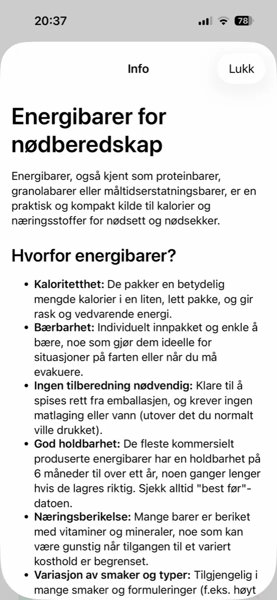 Prepper Pro på iPhone – Lær mer-artikkelen Energibarer for nødberedskap