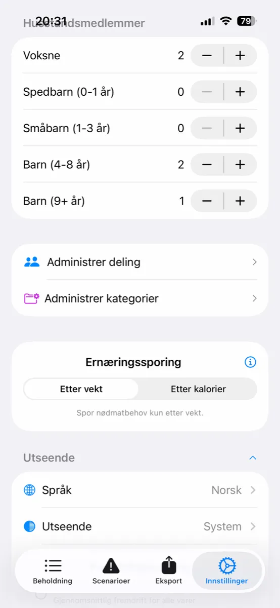 Prepper Pro på iPhone – innstillinger med husstandsmedlemmer, deling og ernæringssporing