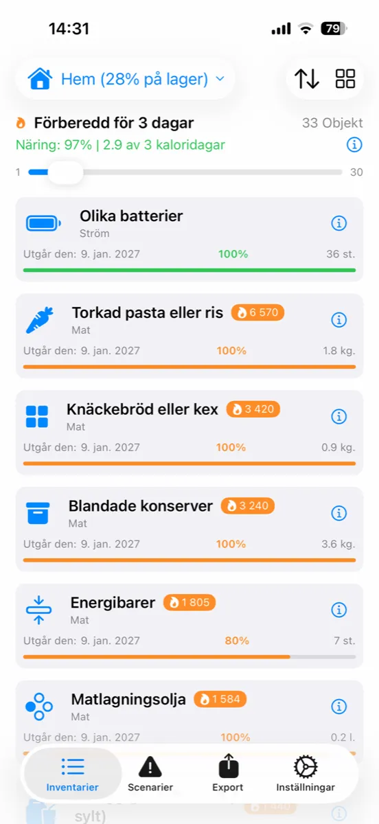Prepper Pro på iPhone – maten räknad i kalorier, med kcal för varje vara