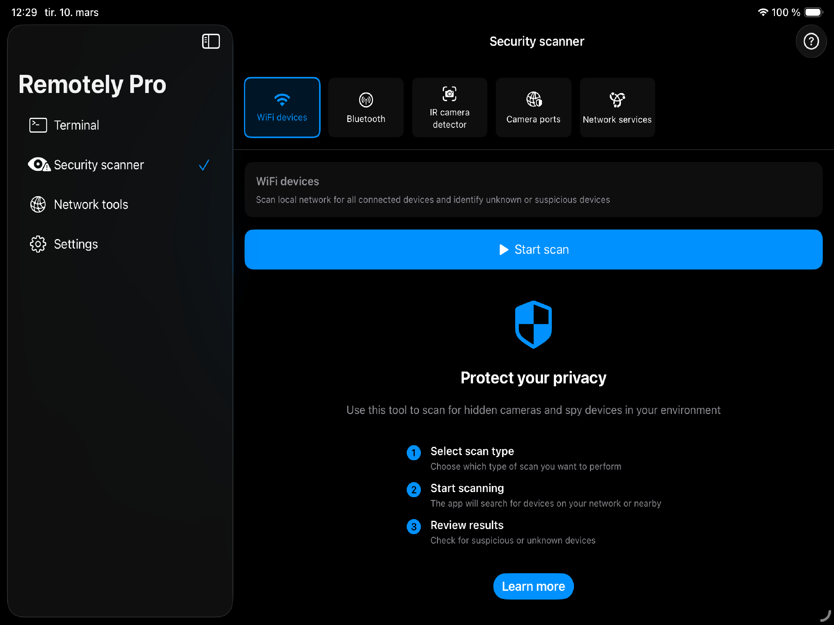 Remotely Pro on iPad - sidebar navigation