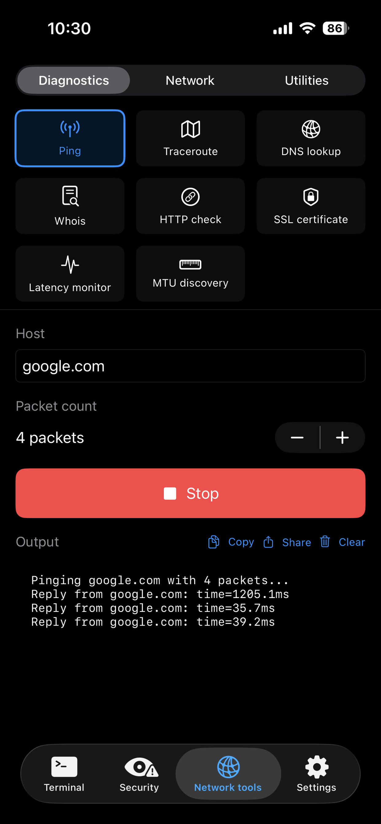 Remotely Pro on iPhone - network tools