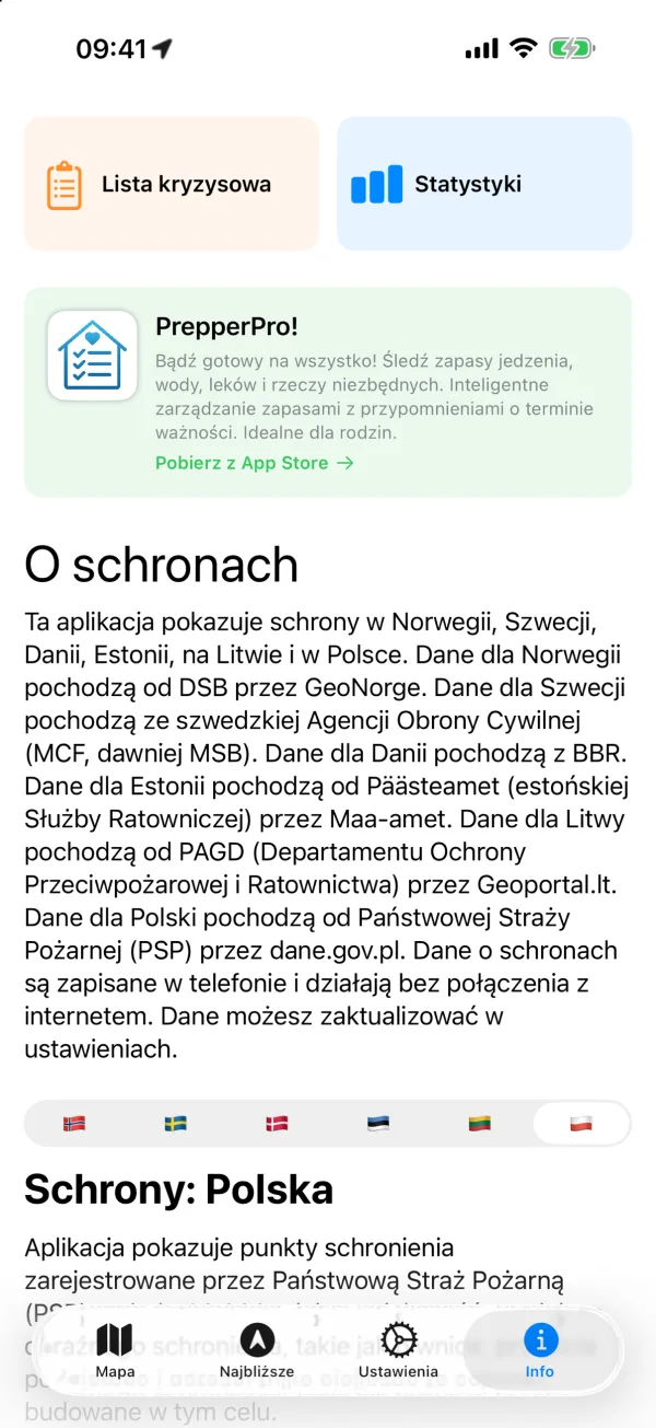 Karta Info z listą kryzysową, statystykami, opisem źródeł danych dla każdego kraju i sekcją Schrony: Polska