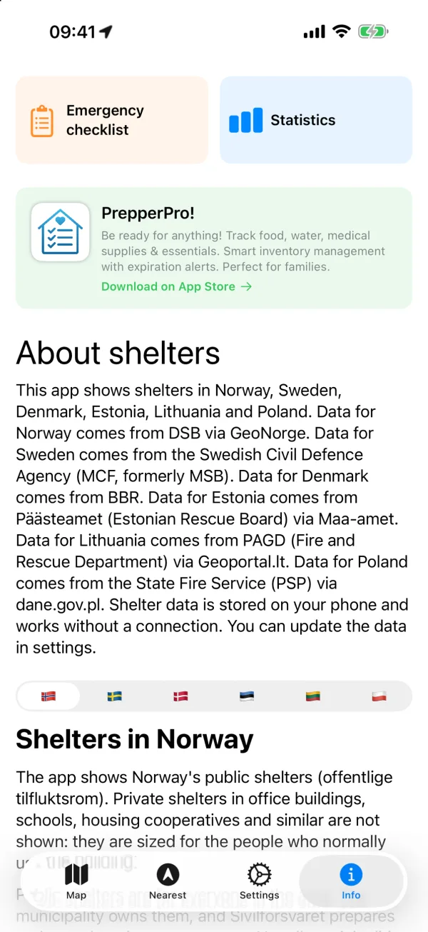 The Info tab with the emergency checklist, statistics, About shelters with the data sources for each country, and a country picker