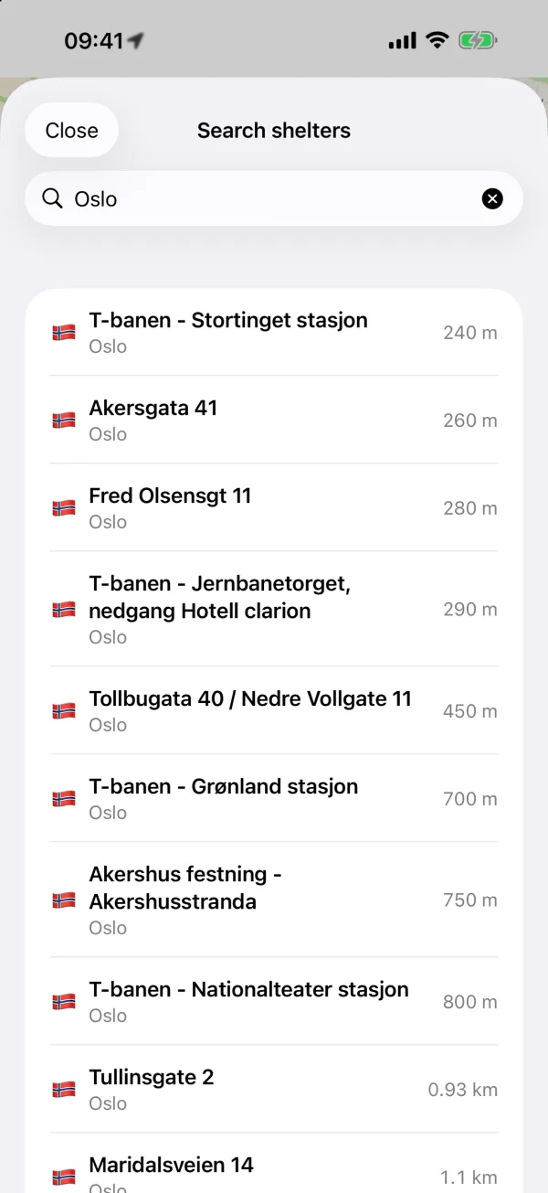 Search shelters: searching for Oslo gives a list of shelters sorted by distance