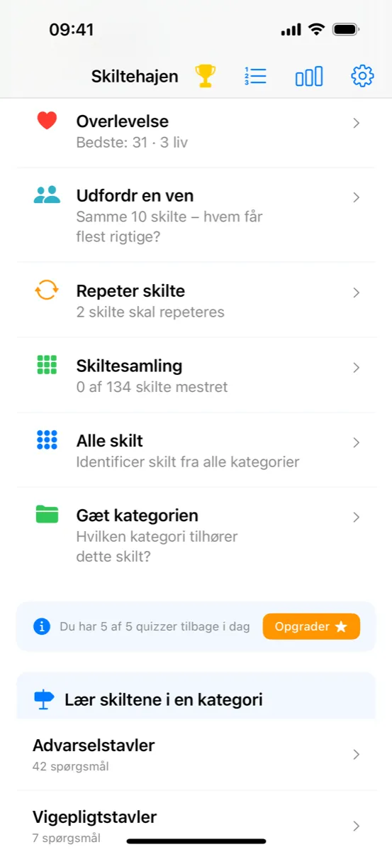 Skiltehajen på iPhone – quizmenuen med Udfordr en ven, Repeter skilte, Skiltesamling, Alle skilt og Gæt kategorien, og skiltekategorierne nedenunder