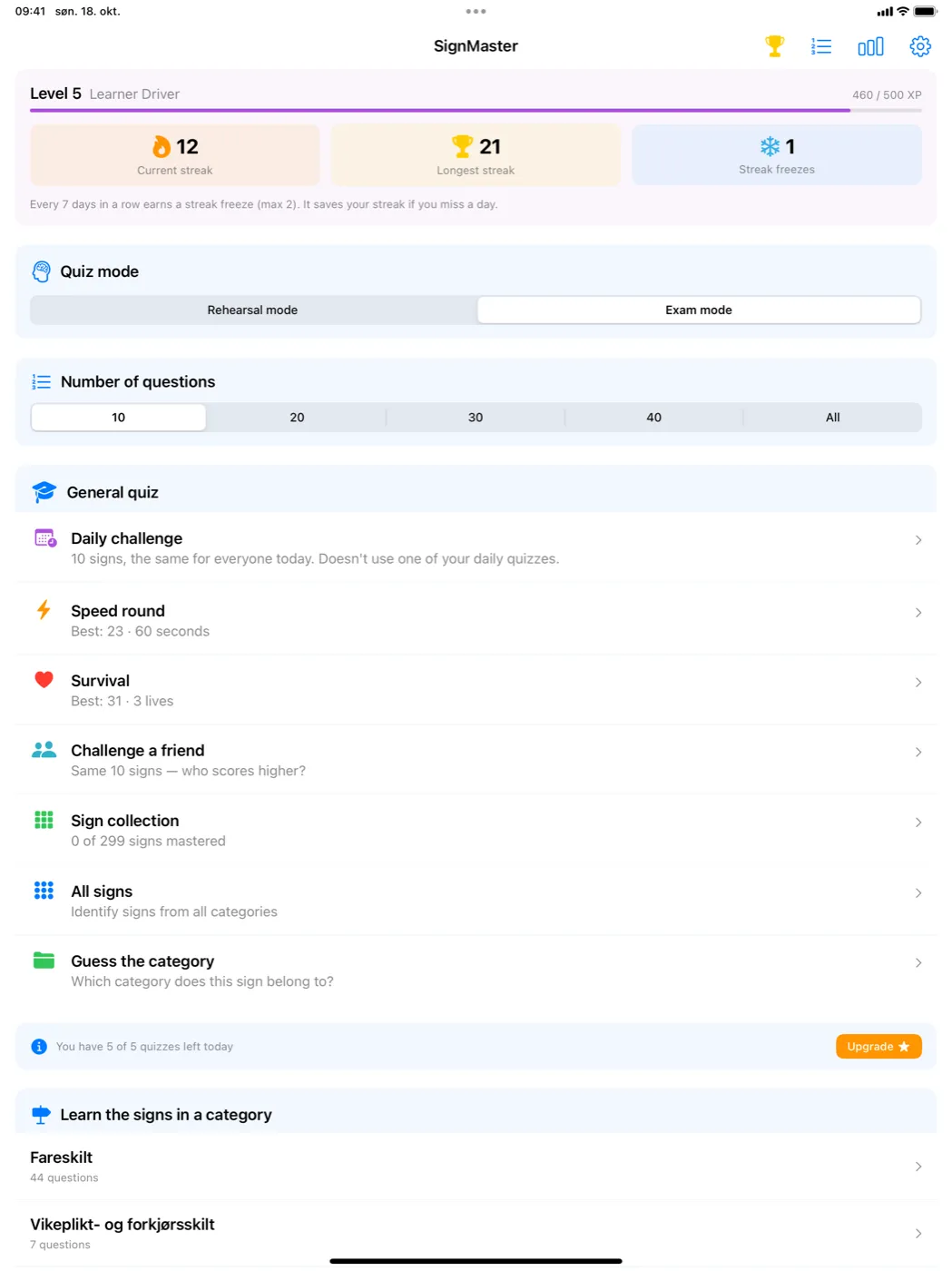 SignMaster on iPad – the home screen with level, streaks, quiz mode, number of questions and all game modes