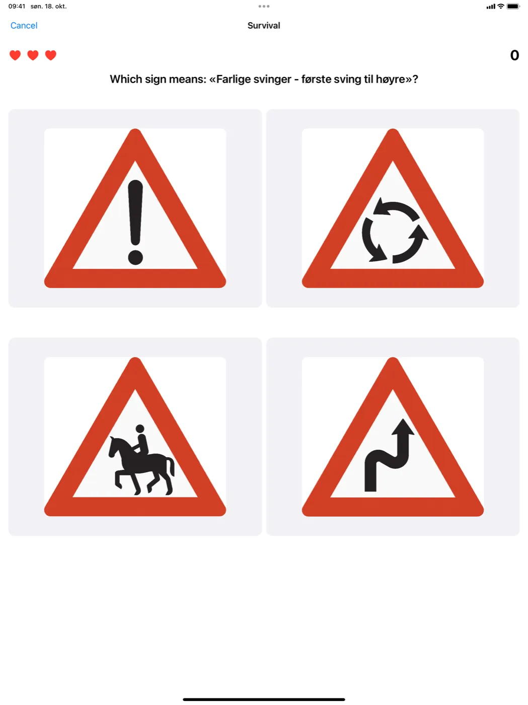 SignMaster on iPad – survival mode with three lives and four signs to choose from