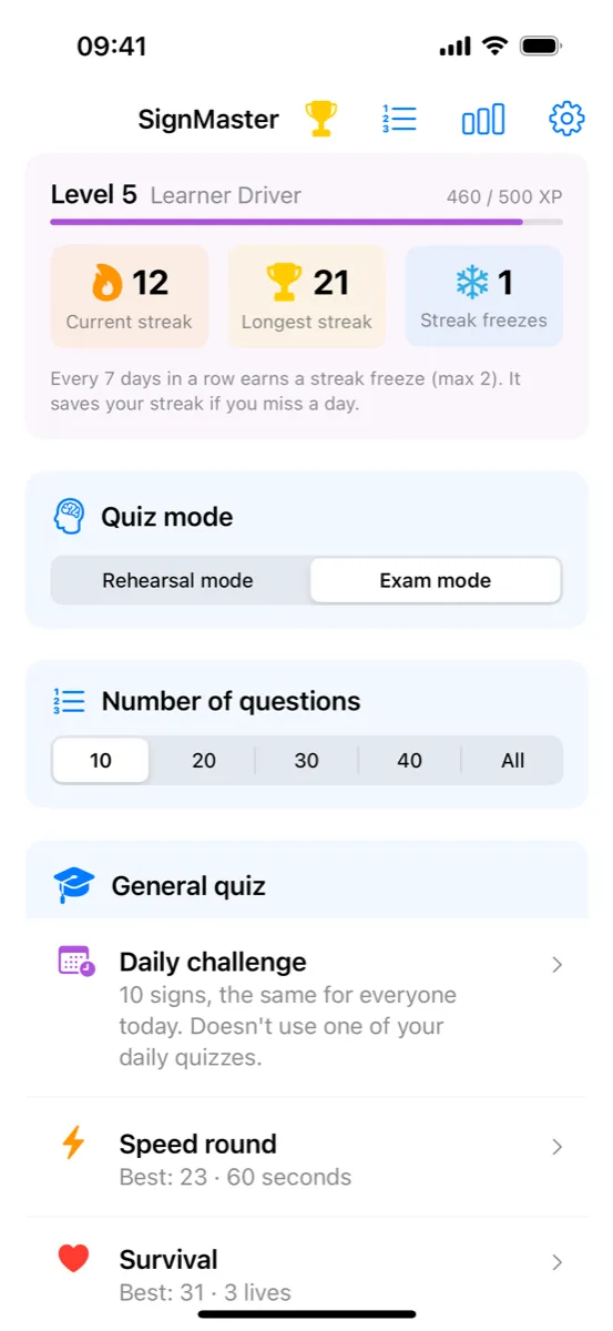 SignMaster on iPhone – the home screen with level and XP, current and longest streak, streak freezes, quiz mode, number of questions, and the daily challenge, speed round and survival