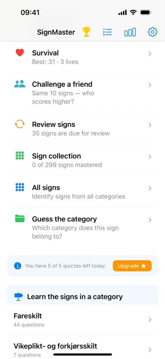SignMaster on iPhone – the quiz menu with Challenge a friend, Review signs, Sign collection, All signs and Guess the category, and the sign categories below